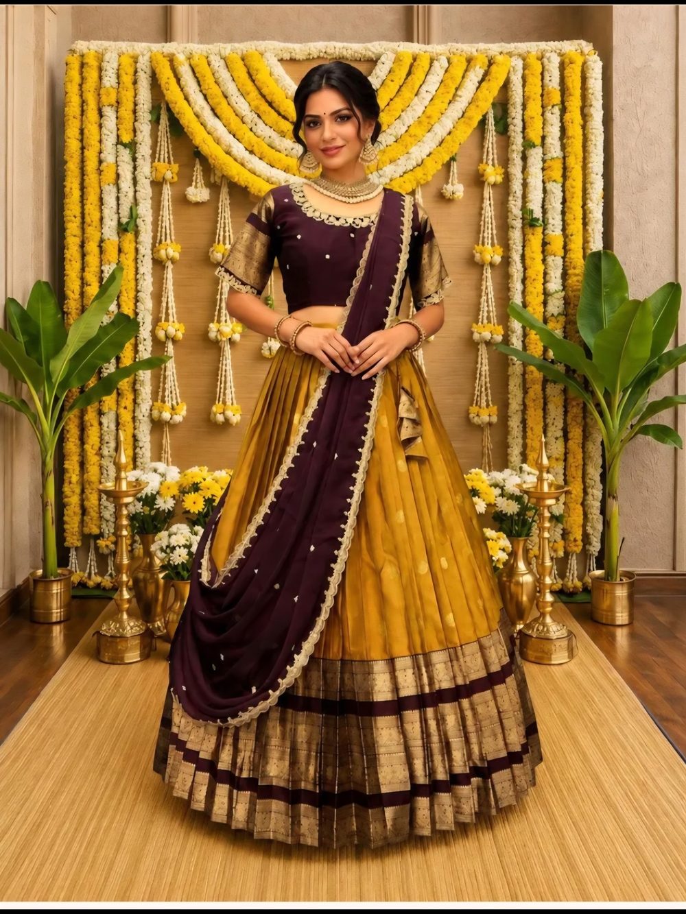 Kanjivaram Mustard Yellow and Deep Purple Silk Lehenga with Gold Trim